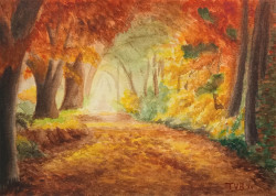 Watercolor painting of a sunlit autumn forest with a path through it.