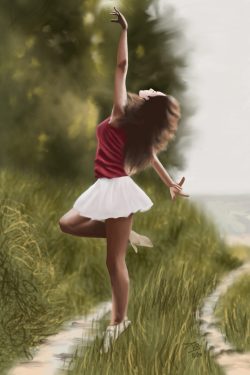 Digital painting of a woman dancing on a grassy path.