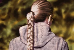 Digital painting of a girl wearing a gray jacket with her head turned away from the viewer and her braided hair hanging down behind her.