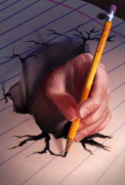 Digital painting of a hand holding a pencil breaking through a sheet of lined paper and drawing the hole through which it's emerging.