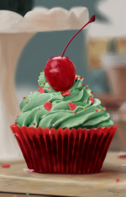 Digital painting of a cupcake with a maraschino cherry on top.