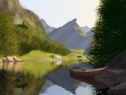 Digital painting of a boat on a lake with foliage and mountains in the background.