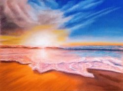Soft pastel painting of a beach at sunset.