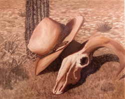 Oil painting done in sepia tones featuring a cattle skull wearing an old cowboy hat on the ground in front of a cactus.