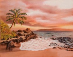 Pastel painting of a beach at sunset.