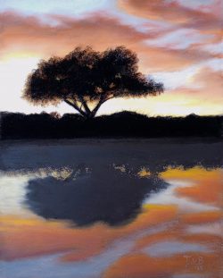 Pastel painting of a tree silhouetted against an orange sunset sky, all reflected by the surface of a lake.