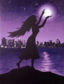 Acrylic painting of a woman in silhouette with arms outstretched in front of the moon as though she was catching it with her hands.