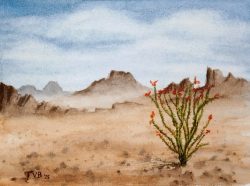 Digital painting of an ocotillo in the desert with mountains in the background.