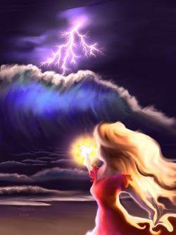 Digital painting of a woman extending her arm towards a massive ocean wave with lightning over it; a ball of magical light emanates from her finger tips.