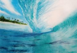 Digital painting of a large ocean wave with a beach in the background.