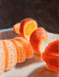 Soft pastel painting of orange slices next to a spiral-cut orange peel.