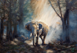 Oil painting of an elephant in a misty forest.