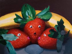 Acrylic painting of two girl strawberries kissing a very alarmed boy strawberry.