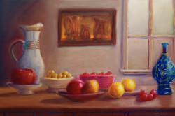 Oil pastel painting of a still life scene featuring red and orange fruit.